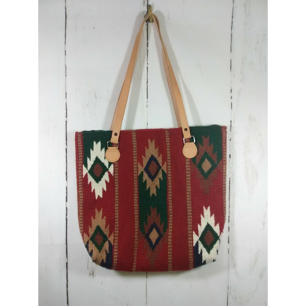 El Paso Saddle Blanket Wool Bag Southwestern Tote Boho‎ Hippie Leather Straps